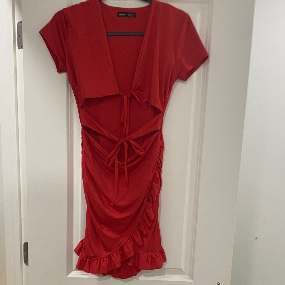 SHEIN Red Asymmetrical Dress with Ruffle Hem